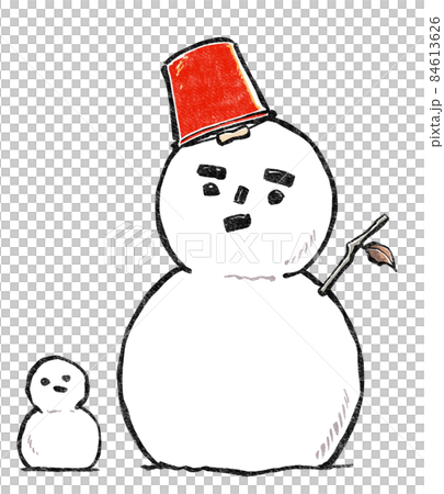 赤いブリキバケツの帽子の雪だるまと少し不格好な小さい雪だるま 版画風のイラスト素材