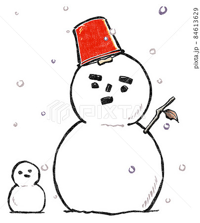 降る雪の中の赤いブリキバケツの帽子の雪だるまと少し不格好な小さい雪だるま　版画風 84613629