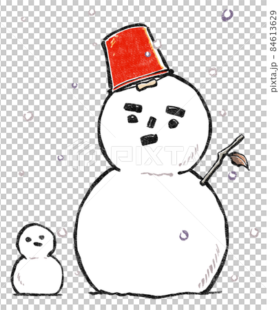降る雪の中の赤いブリキバケツの帽子の雪だるまと少し不格好な小さい雪だるま　版画風 84613629