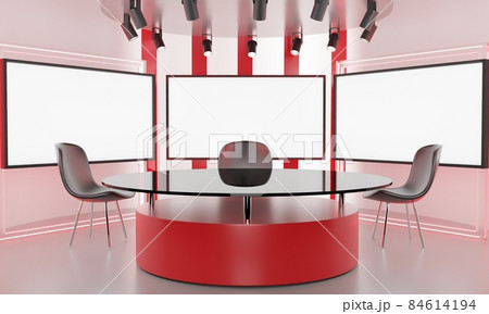 red table on stand with neon light background in a news studio room.3d rendering.	 84614194