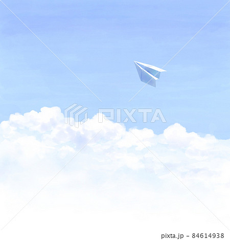 水彩調で澄んだ青空に浮かぶ入道雲と紙飛行機のイラスト素材のイラスト素材