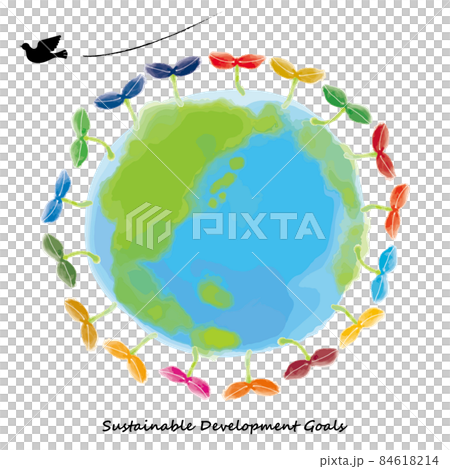 SDGsイメージの水彩手描きの地球と新芽と平和の鳩（北半球） 84618214