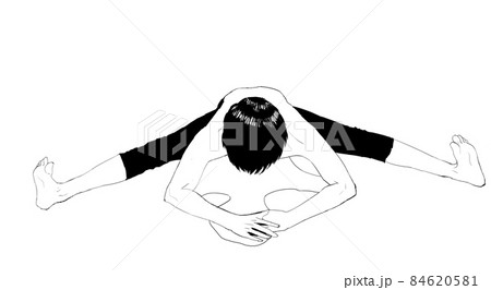 開脚ストレッチをする男性のモノクロイラストのイラスト素材