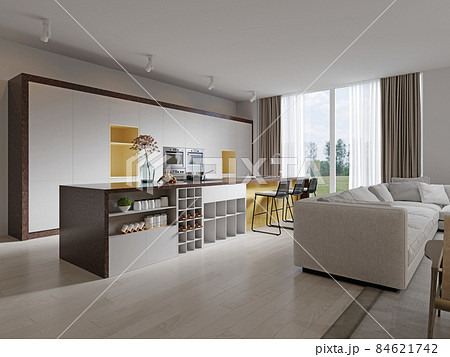 Contemporary white kitchen with a beautiful yellow niche and a large kitchen island with brown marble countertop. 84621742