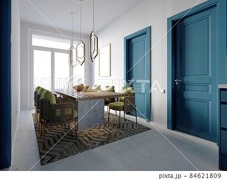 The dining area features wicker chairs and a wooden table in a trendy contemporary style with white walls and blue doors. The dining area features wicker chairs and a wooden table in a trendy contemporary style with white walls and blue doors. 84621809