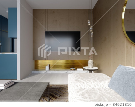 TV area on a brown wall with a gold niche with decor. 84621810