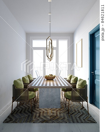 The dining area features wicker chairs and a wooden table in a trendy contemporary style with white walls and blue doors. The dining area features wicker chairs and a wooden table in a trendy contemporary style with white walls and blue doors. 84621811
