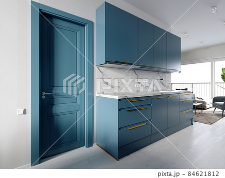 Bright blue kitchen furniture against a white wall with a living and dining room next to it. 84621812
