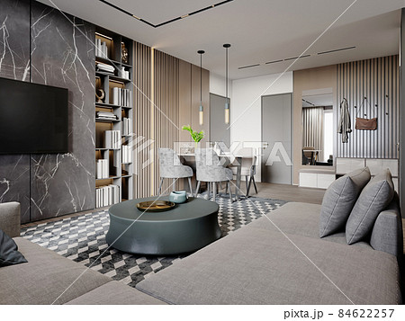 Modern studio living room with dining area and hallway in brown and beige color with wood plank wall and bookcases. Modern studio living room with dining area and hallway in brown and beige color with wood plank wall and bookcases. 84622257