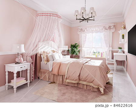 Design of a nursery for a girl in pink tones in a classic style with white bedside tables and a canopy over the bed. 84622616