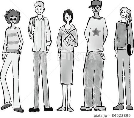 様々な国の若い外国人の手描きイラスト モノクロ のイラスト素材