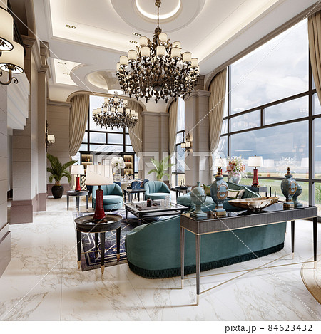 Luxurious large living room with high ceilings and large windows in a modern design with fashionable mars green color upholstered furniture. 84623432