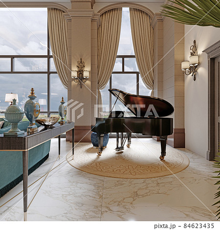 Black piano with blue ottoman in a luxurious classic style interior. 84623435