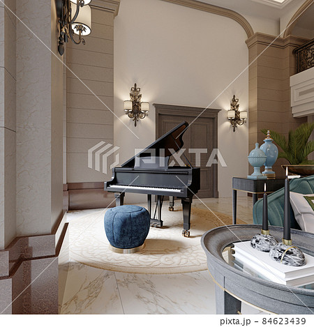 Black piano with blue ottoman in a luxurious classic style interior. 84623439
