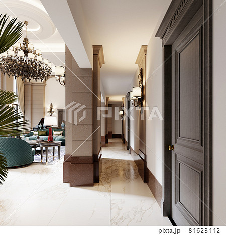 Corridor passage in the living room with brown columns and marble pilasters with doors and sconces on the wall. 84623442