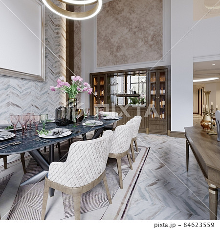 Designer dining table in a luxurious interior with high ceilings and a cupboard for crystal glassware and wine. Designer dining table in a luxurious interior with high ceilings and a cupboard for crystal glassware and wine. 84623559