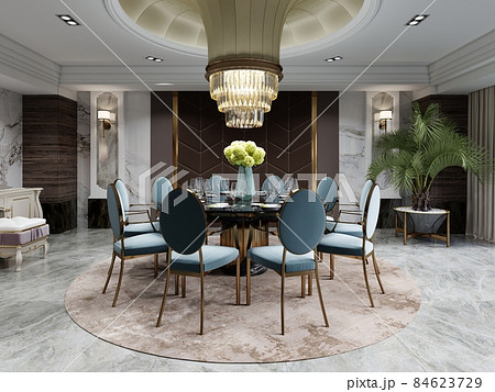 Round dining table with ten blue chairs in a modern luxury interior with round ceiling and brown carpet. 84623729