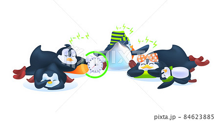 cute penguins animals sleeping with alarm clock antarctic birds relaxing full length horizontal 84623885