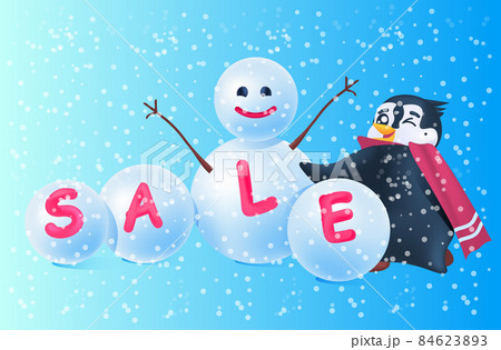 cute penguin with snowman sale poster holiday shopping concept full length horizontal 84623893