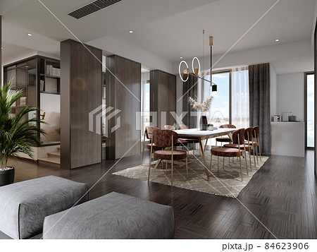 Contemporary dining room view from the living room with wood paneling on the walls and two gray ottomans. 84623906