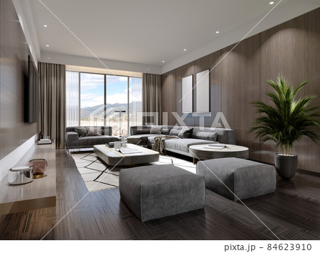 Contemporary living room with wood paneling on the walls and wood slats with gray corner sofa and square ottomans. Contemporary living room with wood paneling on the walls and wood slats with gray corner sofa and square ottomans. 84623910