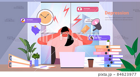 busy businesswoman overworked business woman sitting at workplace feeling desperate mental health diseases depression 84623977