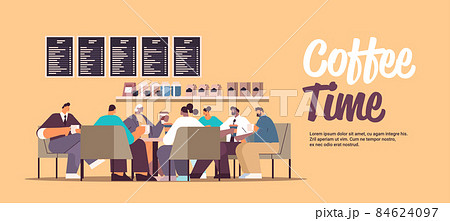 mix race businesspeople discussing during coffee break people holding cups with coffee drinks in cafe 84624097