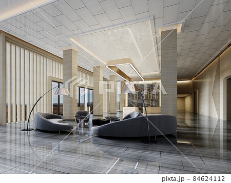 Waiting area in the foyer with a semicircular gray sofa and armchairs with a curved floor lamp in the interior with yellow marble with columns and high ceilings. 84624112