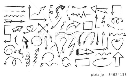 Black doodle arrows. Hand drawn cartoon curly and straight direction arrows and pencil navigation symbols, orientation pointers. Vector illustrations elements pictogram doodle drawings Black doodle arrows. Hand drawn cartoon curly and straight direction arrows and pencil navigation symbols, orientation pointers. Vector illustrations elements pictogram doodle drawings 84624153