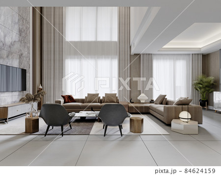 Contemporary living room in light colors with high ceilings and trendy contemporary furnishings. 84624159