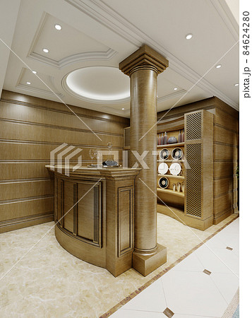 Wooden bar counter in a classic interior with wooden columns and shelves with decor. Wooden bar counter in a classic interior with wooden columns and shelves with decor. 84624280