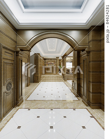 Large hall hallway in classic style with wooden walls and columns with arches and white tiles on the floor. 84624281