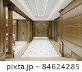 Large hall hallway in classic style with wooden walls and columns with arches and white tiles on the floor. 84624285
