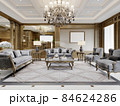 Classic living room with gray furnishings and carved patterned wood walls. 84624286