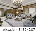 Classic living room with gray furnishings and carved patterned wood walls. 84624287