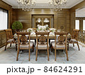 Luxurious dining room interior in classic style with wooden walls and wooden dining furniture. 84624291