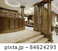 Wooden bar counter in a classic interior with wooden columns and shelves with decor. 84624293