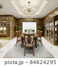 Luxurious dining room interior in classic style with wooden walls and wooden dining furniture. 84624295