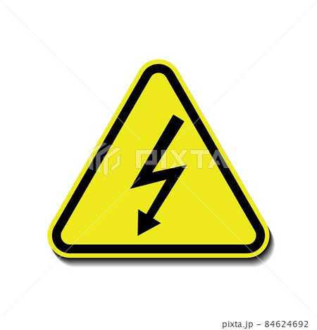 Warning sign of danger high voltage shock symbol isolated on white, triangel yellow black. Vector illustration of hazard triangle high voltage sign, 10eps 84624692