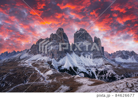 Dramatic evening landscape with Three peaks of Lavaredo mountains Dramatic evening landscape with Three peaks of Lavaredo mountains 84626677