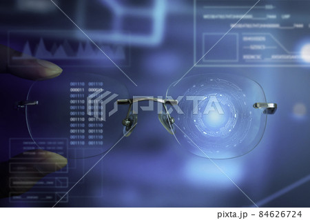 metaverse in hand holding glasses looking at technology, innovative glasses goggles on camera in futuristic neon light, Simulate the use of technology, virtual world, circuit board 84626724