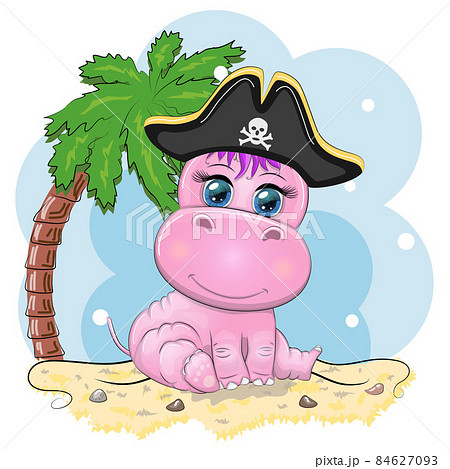 Hippopotamus pirate, cartoon character of the game, wild animal in a bandana and a cocked hat with a skull, with an eye patch.Character with bright eyes on the beach with palm trees 84627093