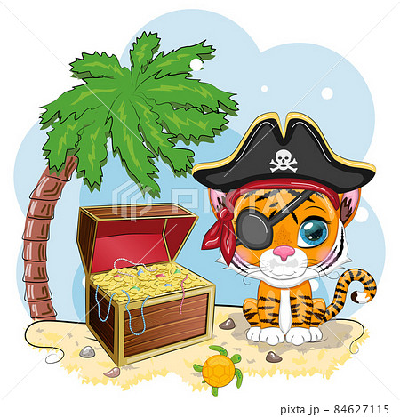Tiger pirate, cartoon character of the game, wild animal cat in a bandana and a cocked hat with a skull, with an eye patch. Character with bright eyes and treasure chest Tiger pirate, cartoon character of the game, wild animal cat in a bandana and a cocked hat with a skull, with an eye patch. Character with bright eyes and treasure chest 84627115