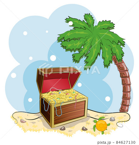 Opened wooden chest with treasures on the beach with palm trees Opened wooden chest with treasures on the beach with palm trees 84627130