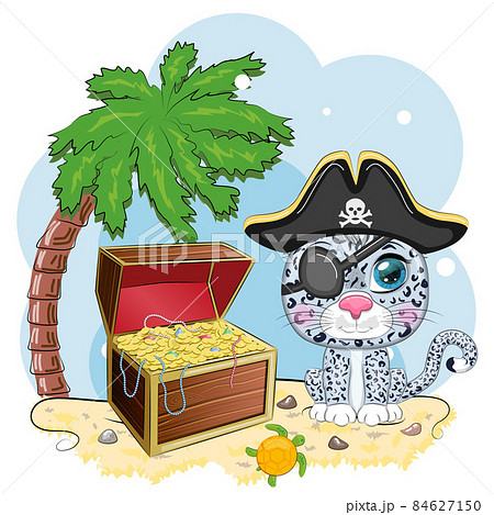 Snow leopard pirate, cartoon character of the game, wild cat in a bandana and a cocked hat with a skull, with an eye patch. Character with bright eyes and treasure chest Snow leopard pirate, cartoon character of the game, wild cat in a bandana and a cocked hat with a skull, with an eye patch. Character with bright eyes and treasure chest 84627150