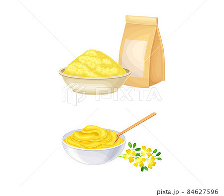 Bowls of ground mustard seeds and sauce set. Natural organic healthy product vector illustration 84627596