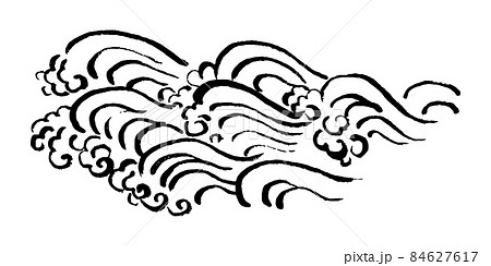 モノクロ和風イラスト 墨筆の波 横長のデザイン 海 和波 毛筆 かすれ 水しぶき 線画 曲線 渦のイラスト素材