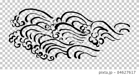 モノクロ和風イラスト・墨筆の波 横長のデザイン 海 和波 毛筆 かすれ