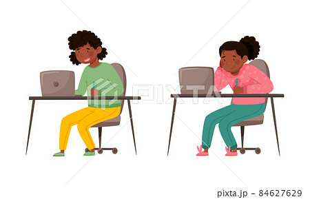 Children studying online and communicating with classmates via video conference on laptop computer. cartoon vector illustration Children studying online and communicating with classmates via video conference on laptop computer. cartoon vector illustration 84627629