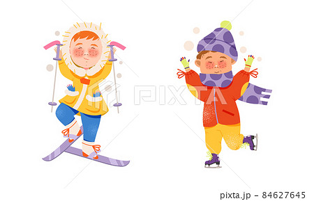 Cute happy little boy and girl in winter outfit skiing and skating. Winter outdoor activities cartoon vector illustration 84627645